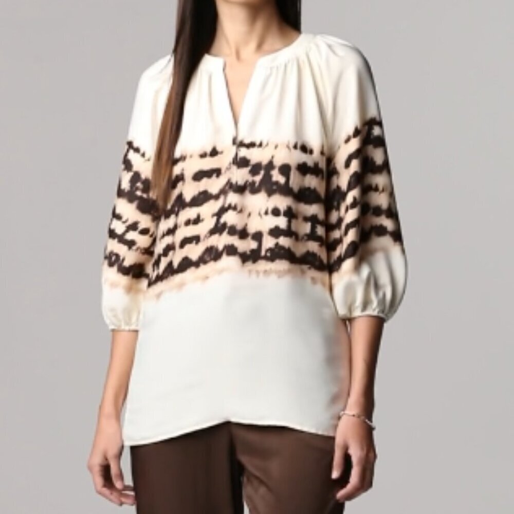 Simply Vera By Vera Wang Puff Sleeve Satin Feel Blouse - Medium in Cream/Brown